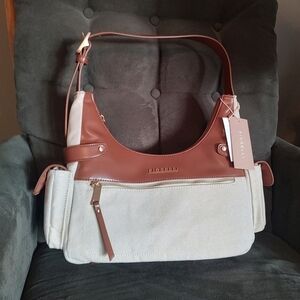Fiorelli Canvas Purse Bag Faux Leather Beige Brown Shoulder
